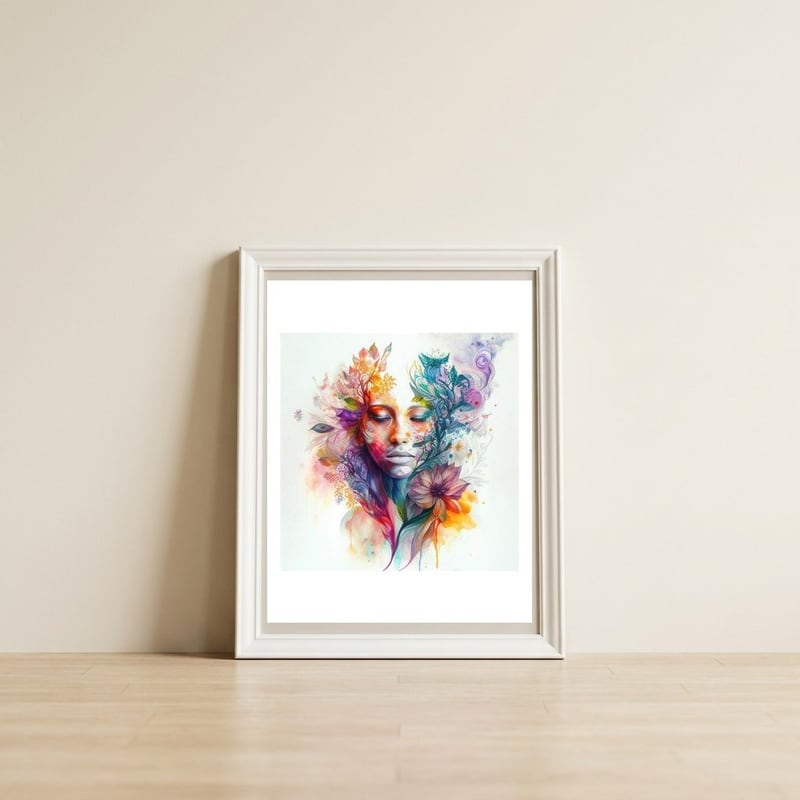 Watercolor Tropical Woman #15 — framed, leaning against the wall