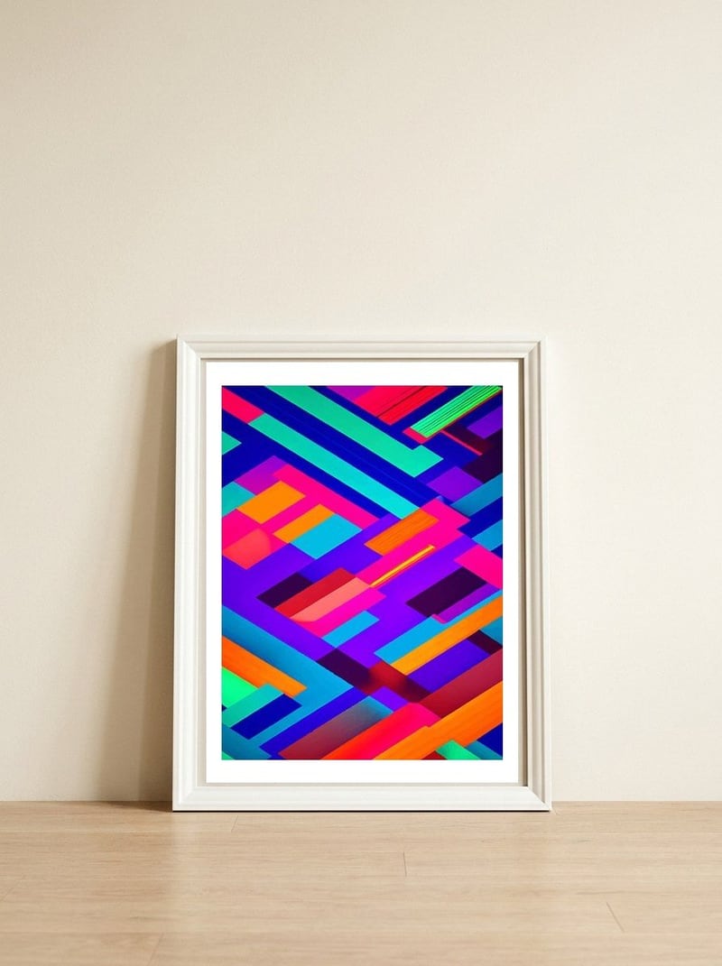 Eclectic Alignment, Abstract Maximalist Geometric Painting, Contemporary Modern Shapes, Pop Of Color — framed, leaning against the wall