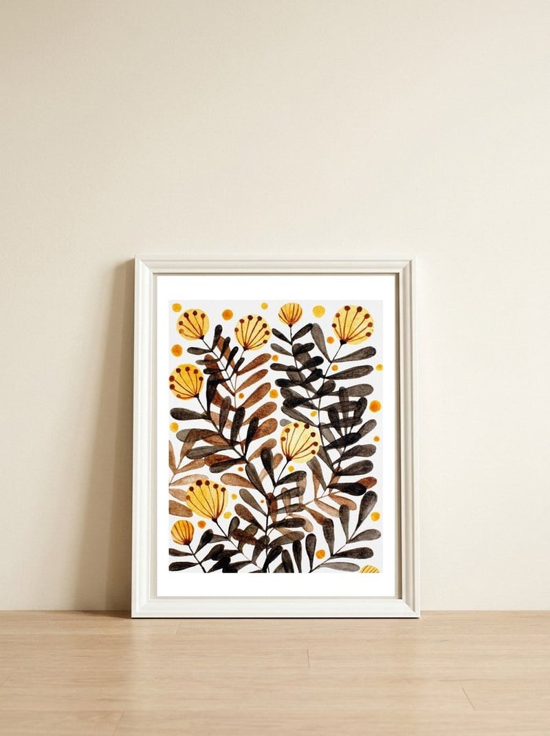 Flowers and foliage - yellow — framed, leaning against the wall