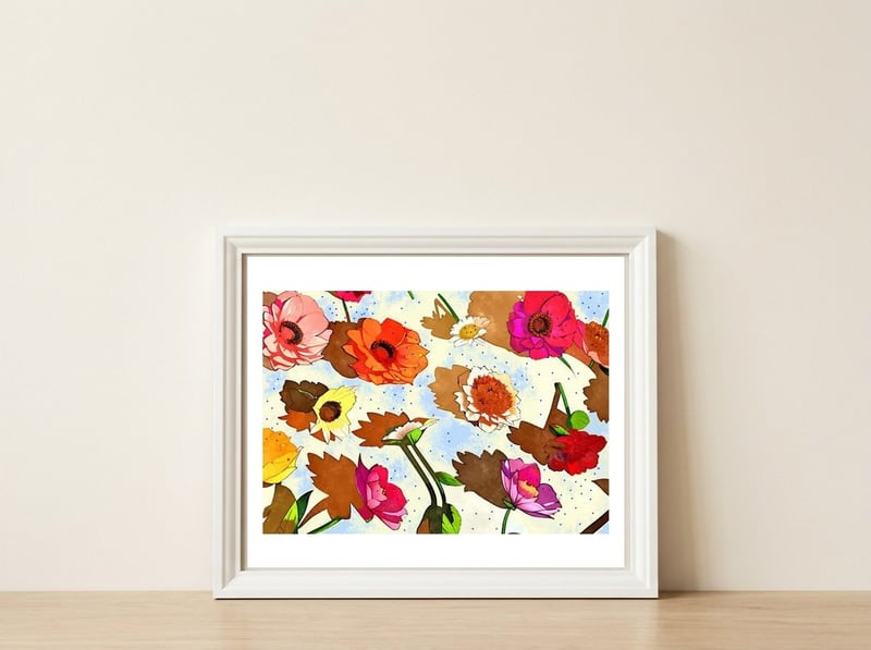 Floral Soul, Botanical Vintage Nature Plants, Polka Dots Flowers Blossom, Mid Century Modern Bohemian Painting — framed, leaning against the wall