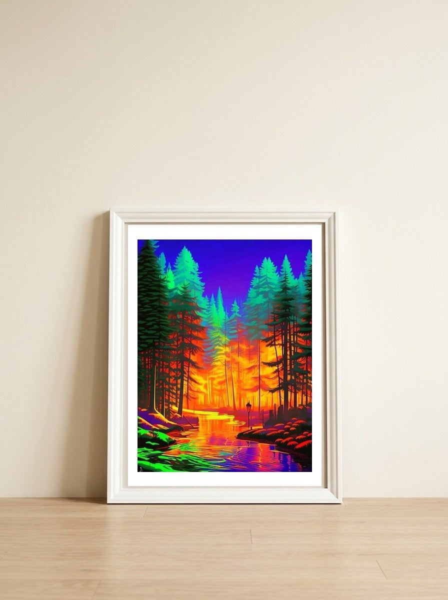 The Neon Mirage, Forest Trees Nature, Eclectic Electric Pop Art, Colorful Bright Contemporary Modern — framed, leaning against the wall