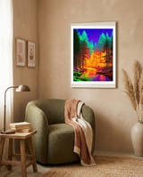 The Neon Mirage, Forest Trees Nature, Eclectic Electric Pop Art, Colorful Bright Contemporary Modern framed in a tender room thumbnail