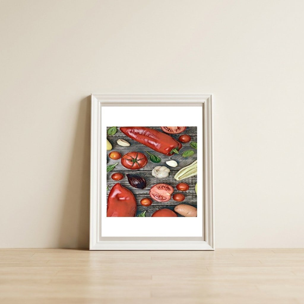 Tomatoes and bell peppers, healthy table — framed, leaning against the wall