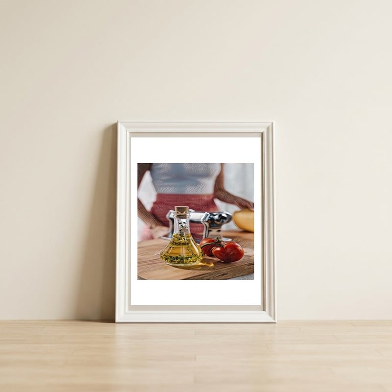 Olive oil and tomatoes — framed, leaning against the wall