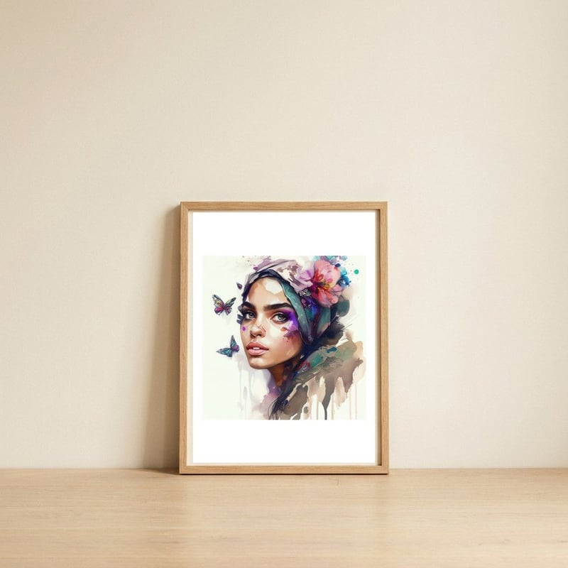 teal-turban-blossom-portrait — framed, leaning against the wall