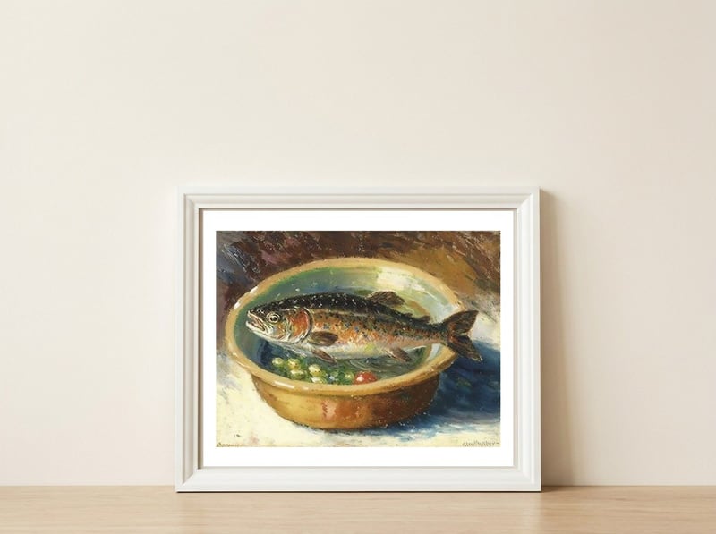 Trout in a Bowl Oil Painting — framed, leaning against the wall