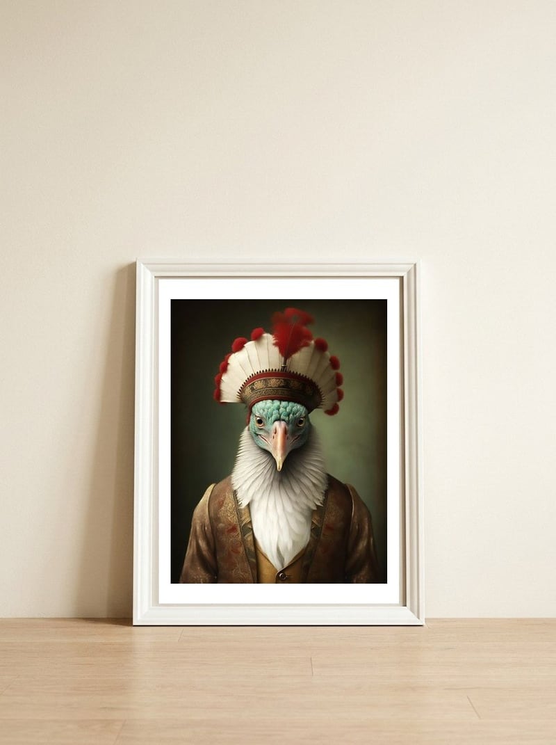 Turkey Designer Fashion Realistic Portrait Painting — framed, leaning against the wall