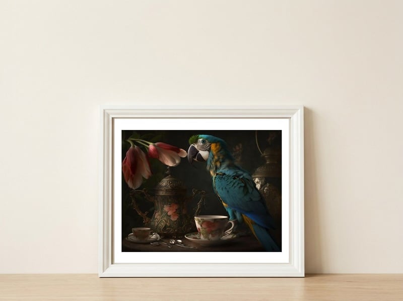 Parrot with a Tea Cup and Teapot — framed, leaning against the wall