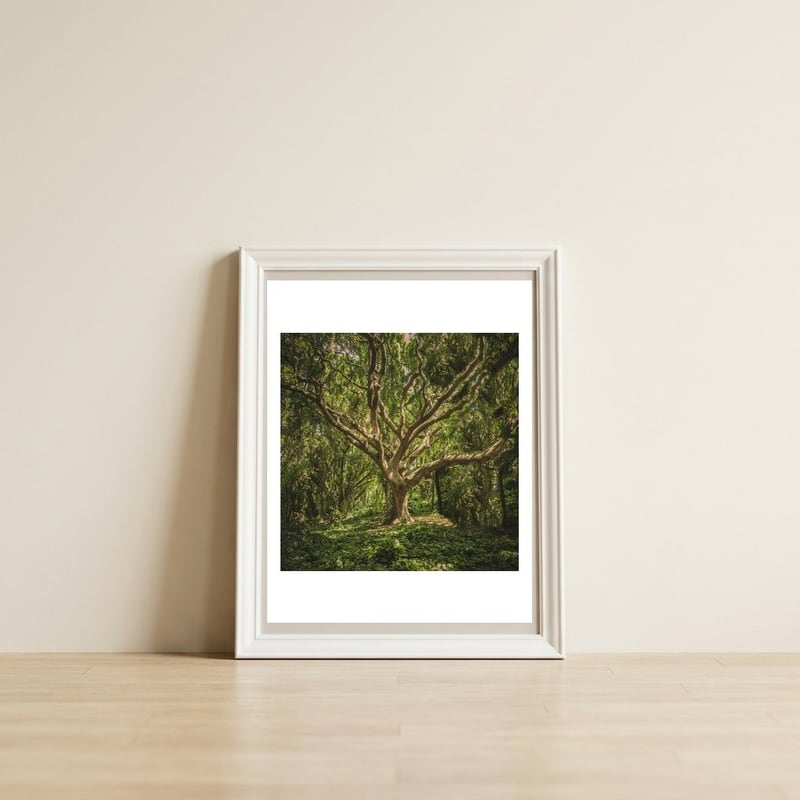 Spirits inside the wood — framed, leaning against the wall