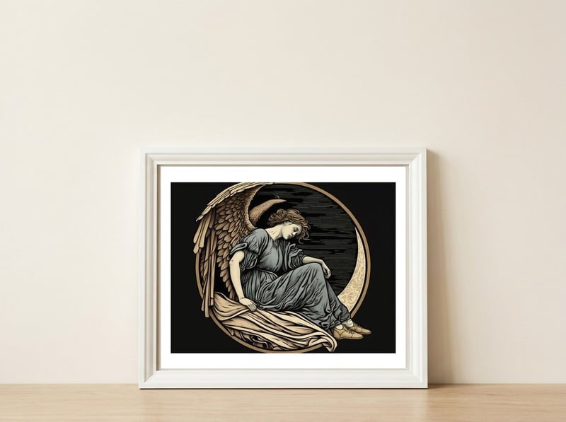 Angel On The Moon Art Nouveau — framed, leaning against the wall