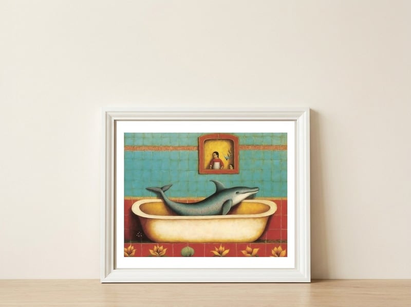 Dolphin In A Bath Folk Art — framed, leaning against the wall