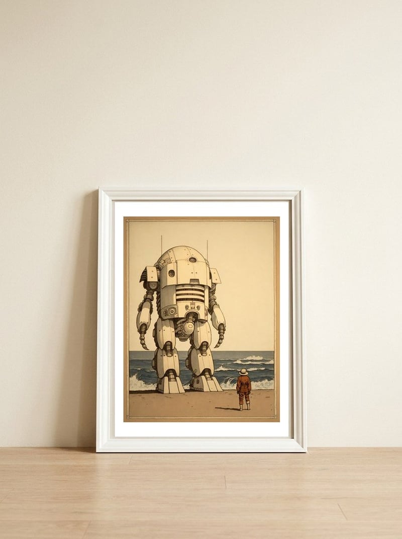 Giant Robot Japanese Woodblock Print — framed, leaning against the wall