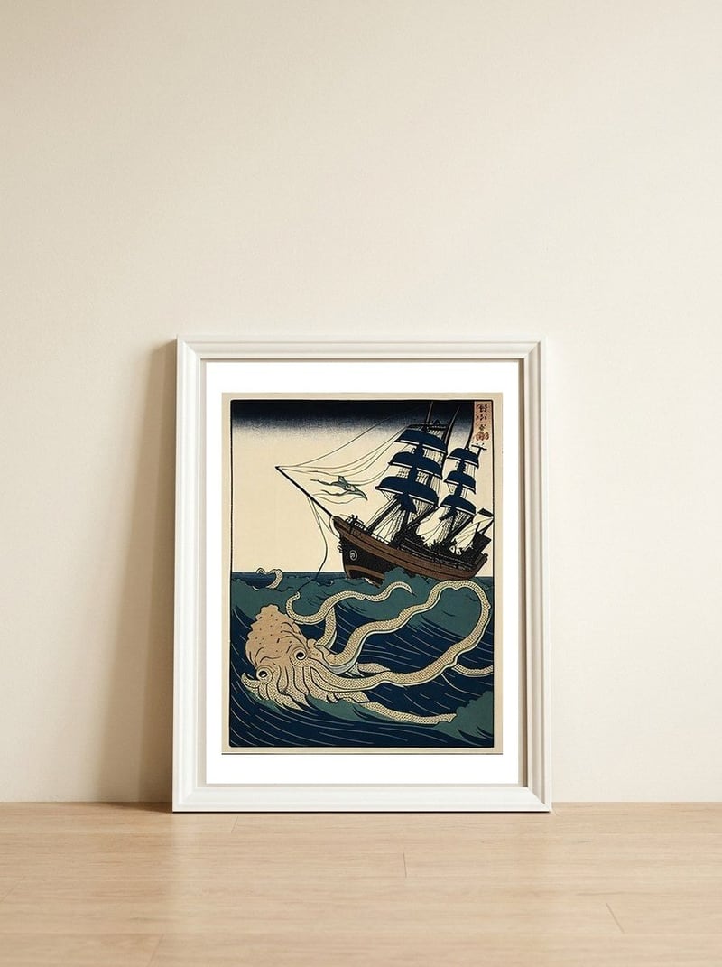 Giant Squid Attacking Ship Japanese Woodblock Print — framed, leaning against the wall