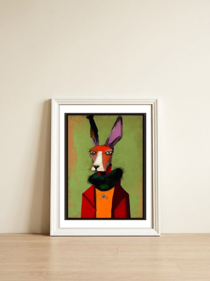 Hare In Clothes Portrait — framed, leaning against the wall