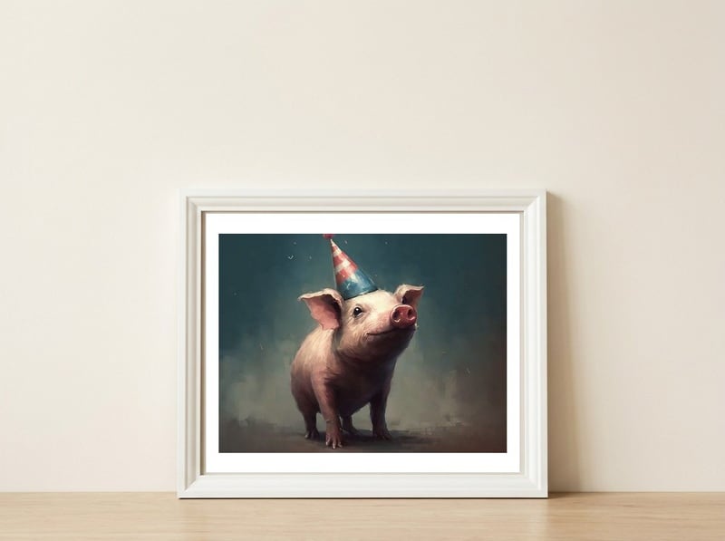 Pig At A Party — framed, leaning against the wall