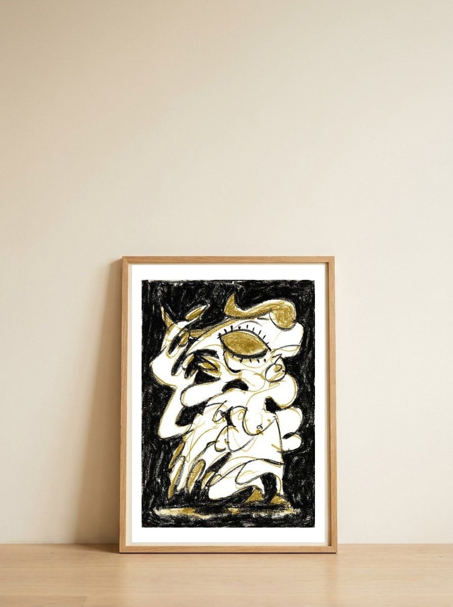Deceiver - white background — framed, leaning against the wall