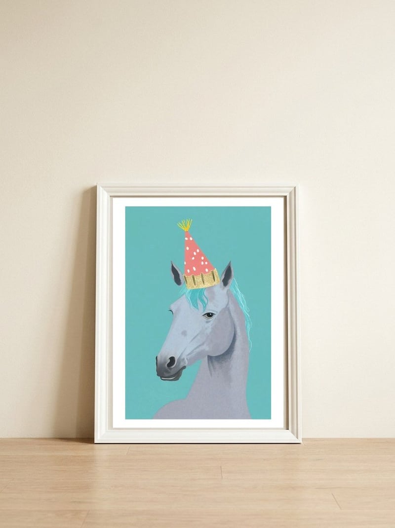 Horse with Party Hat Portrait  — framed, leaning against the wall