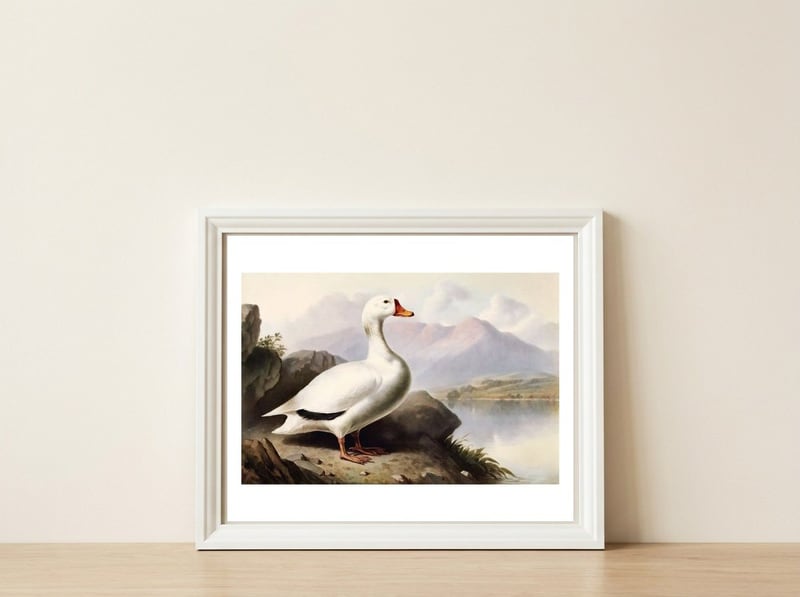 White Duck on the Lake Shore Vintage Painting — framed, leaning against the wall