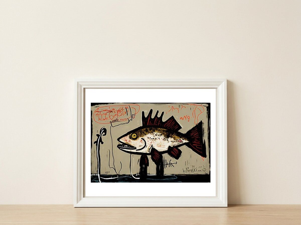 Brown Trout in Abstract Style Painting — framed, leaning against the wall