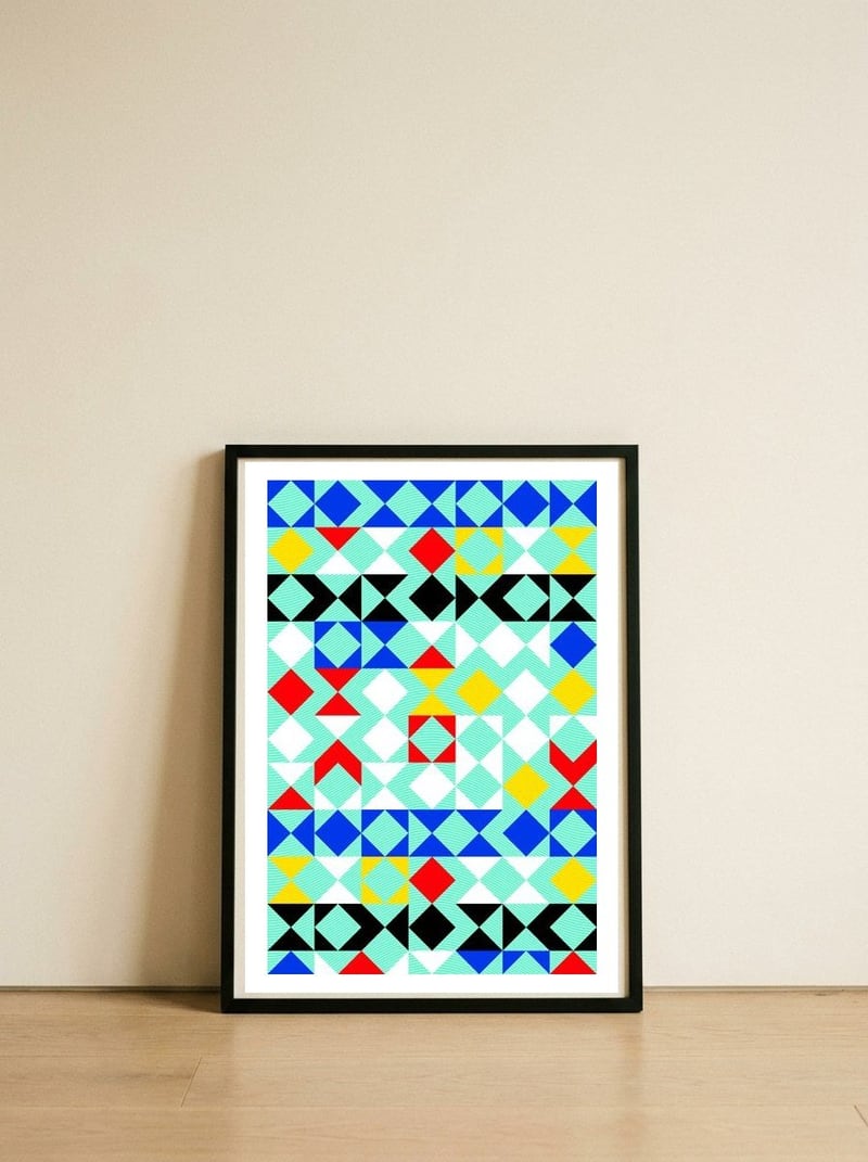 Geometric XVI — framed, leaning against the wall