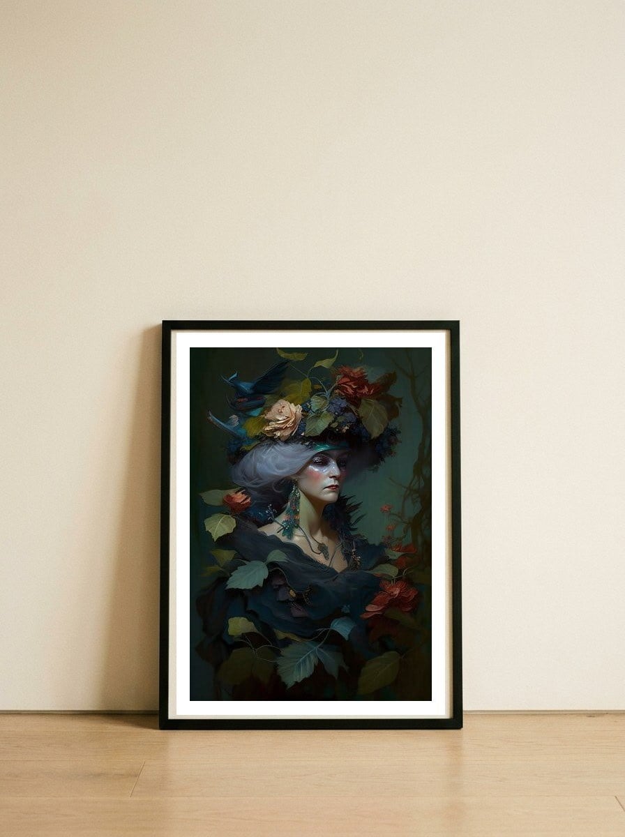 Flower Witch Moody Dark Painting — framed, leaning against the wall