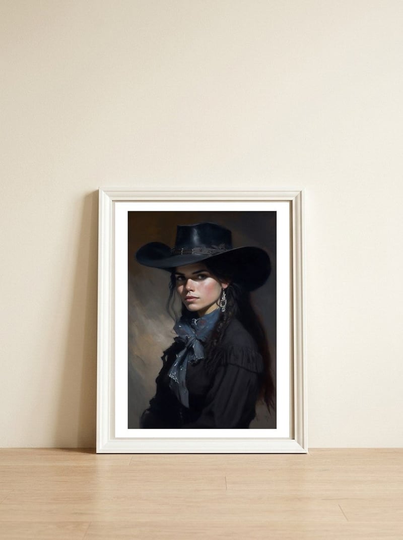 Gothic Cowgirl Moody Dark Painting — framed, leaning against the wall