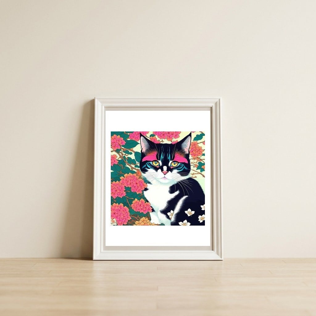 Pawsome, Curious Cat Pets, Animals Vintage Illustration, Whimsical Botanical Nature Wild, Bohemian Garden Floral — framed, leaning against the wall