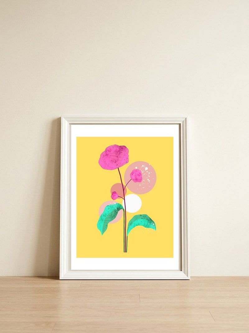 The Rare Bloom, Abstract Nature Floral Graphic, Eclectic Bohemian Modern, Pop of Color Illustration — framed, leaning against the wall