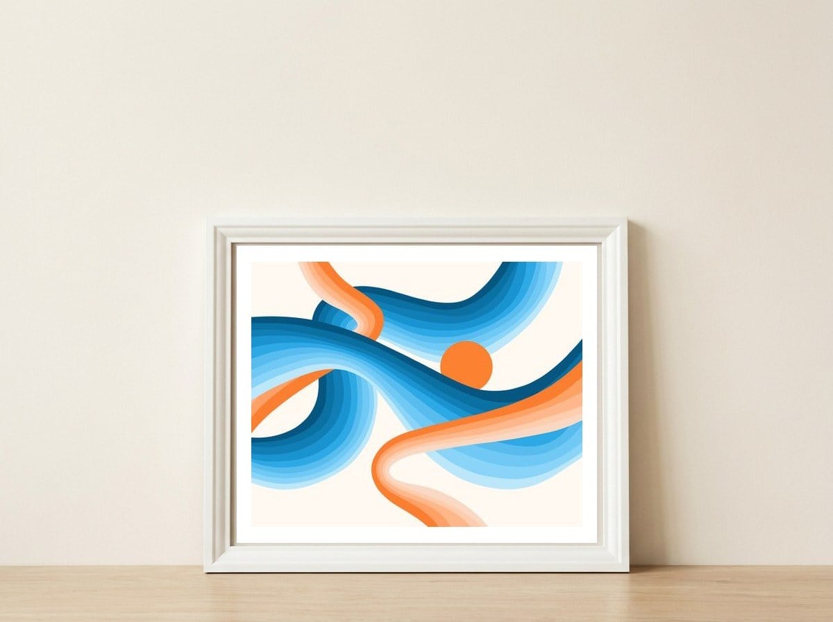 Rise, Abstract Retro Sunrise, Modern Bohemian Space, Concept Graphic Sky, Eclectic Nature — framed, leaning against the wall