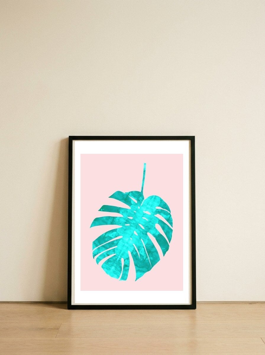 Watercolor Tropical Leaf III — framed, leaning against the wall