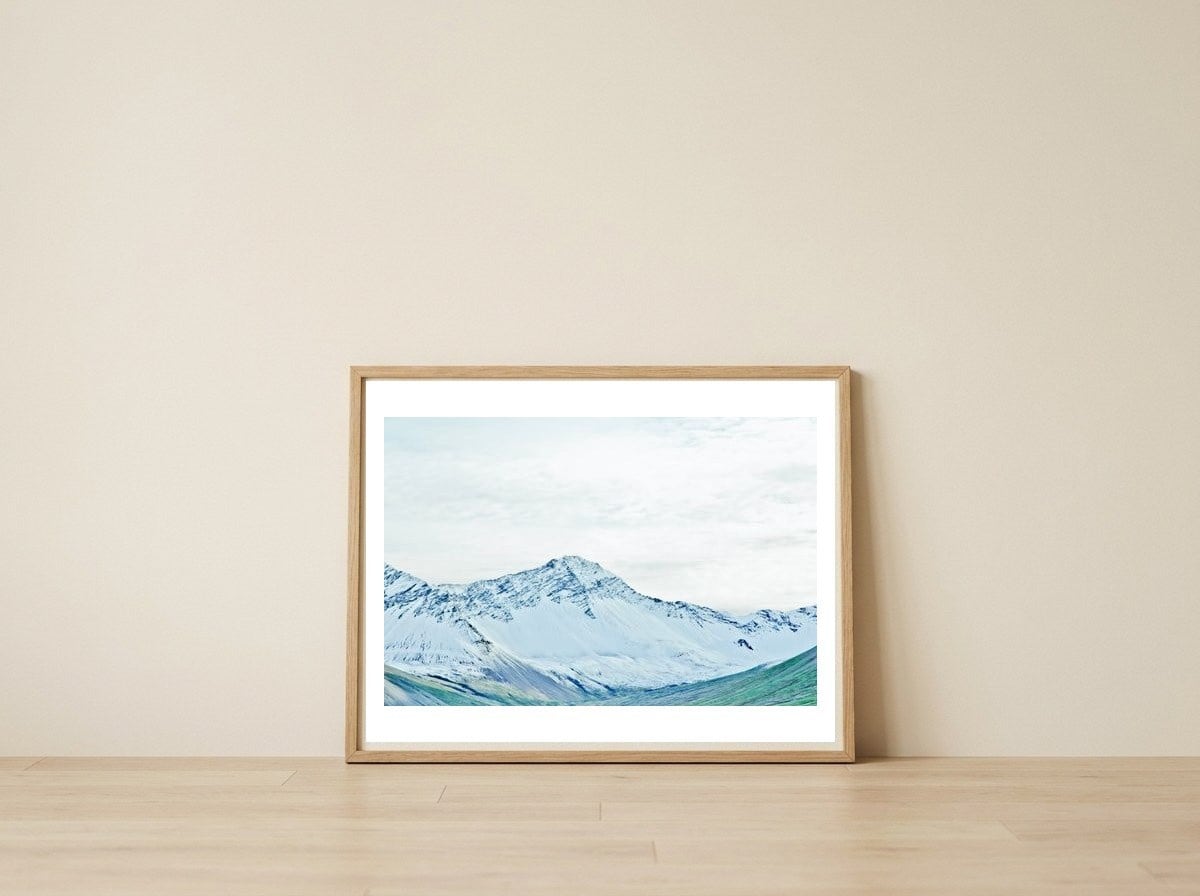 snow-mountain-icaland — framed, leaning against the wall
