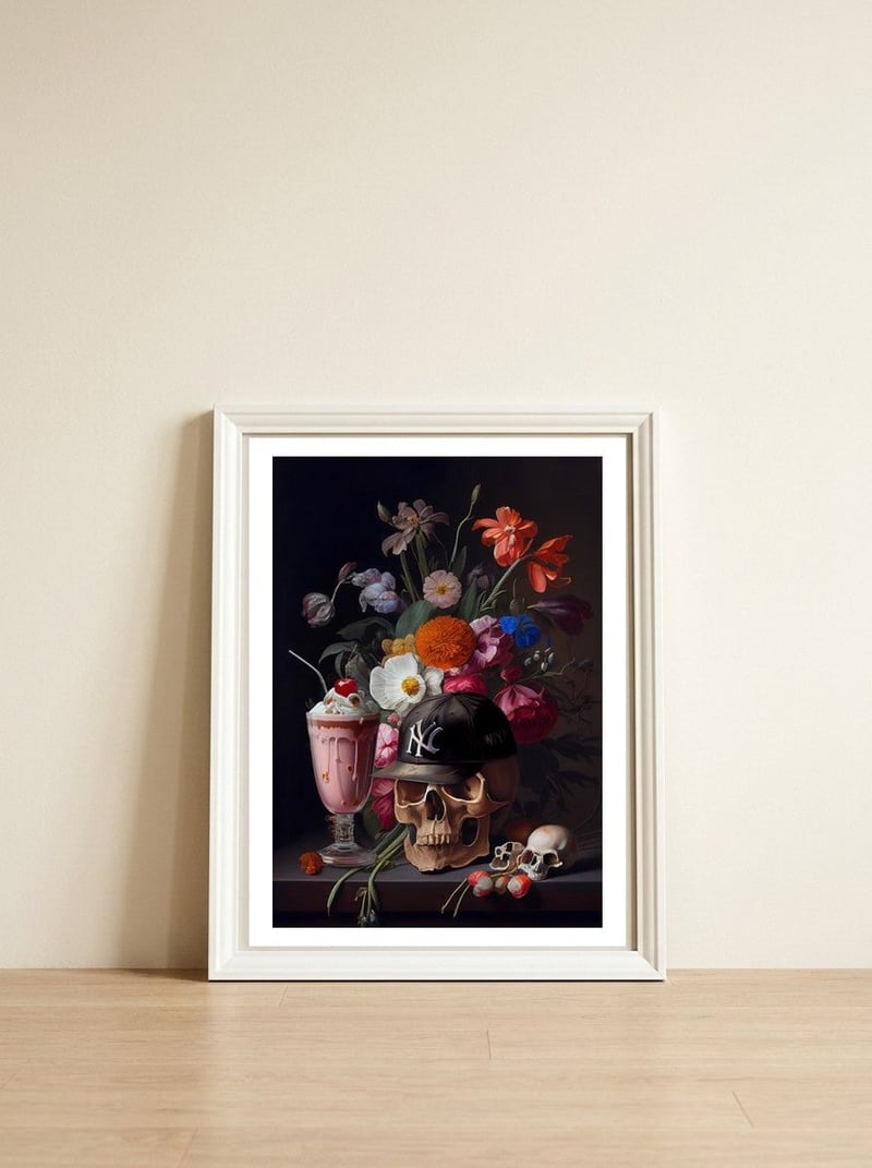 NY Still Life — framed, leaning against the wall