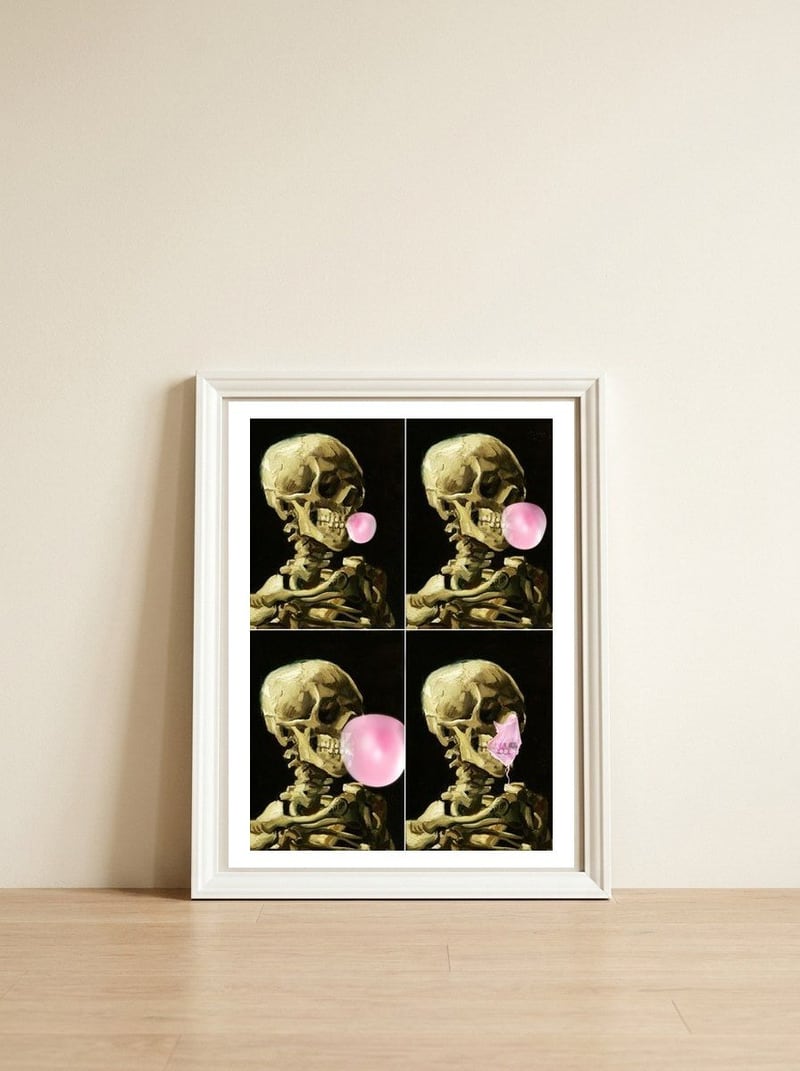 Skull Gum Explosion — framed, leaning against the wall