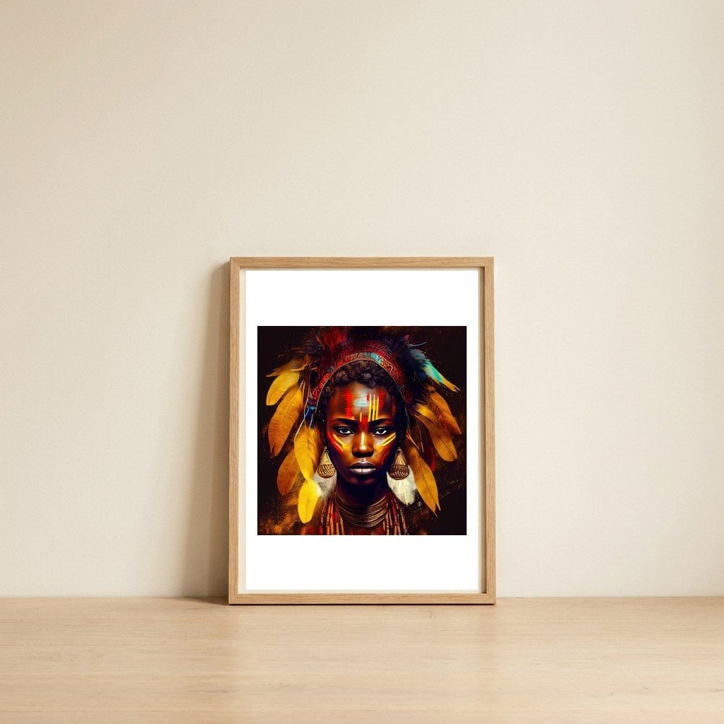 feathered-african-warrior-woman — framed, leaning against the wall
