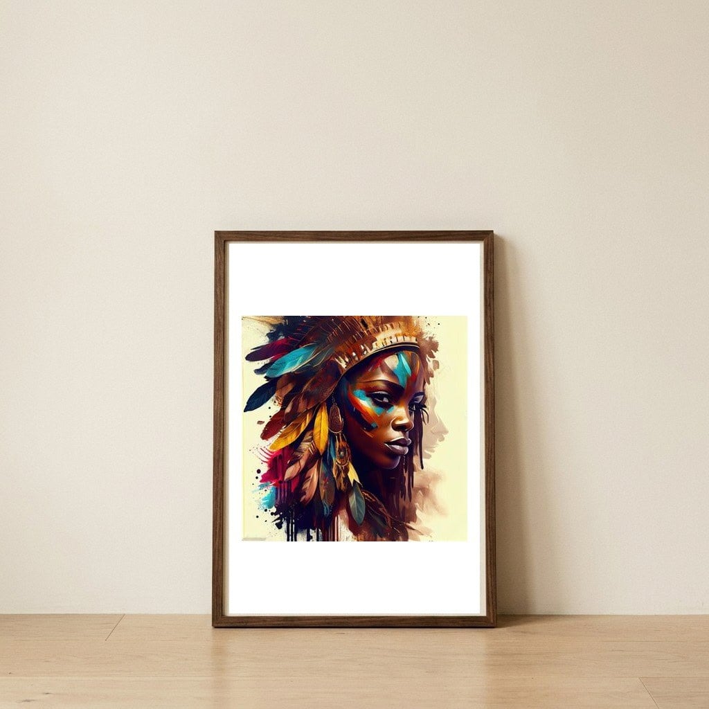 feathered-african-warrior-side-portrait — framed, leaning against the wall