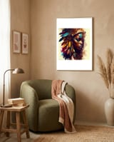 feathered-african-warrior-side-portrait framed in a tender room thumbnail