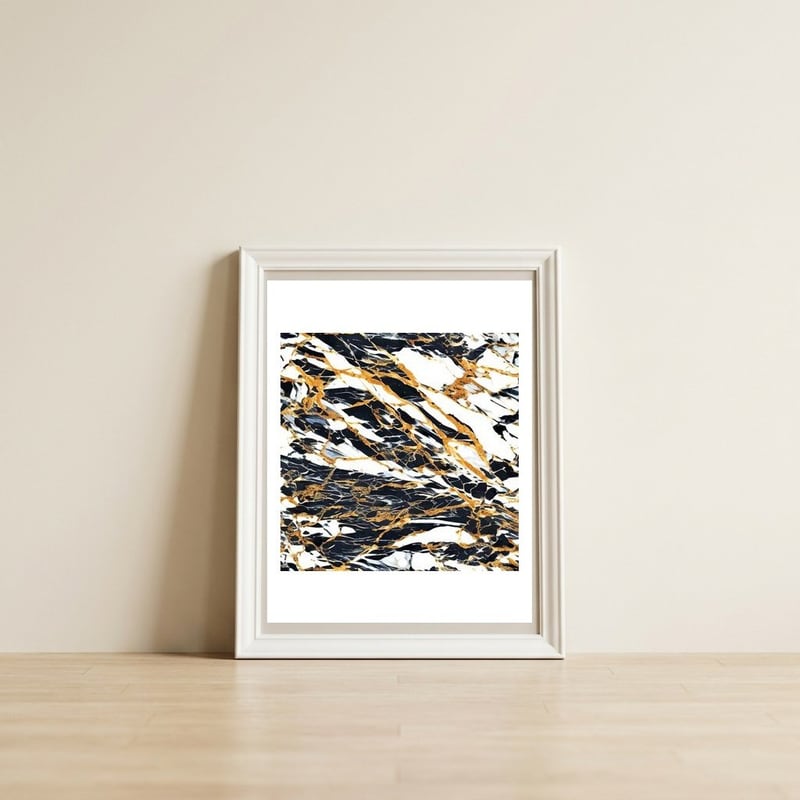 Painted Black Gold & White Marble, Luxe Exotic Eclectic Texture Pattern, Precious Stones Painting — framed, leaning against the wall