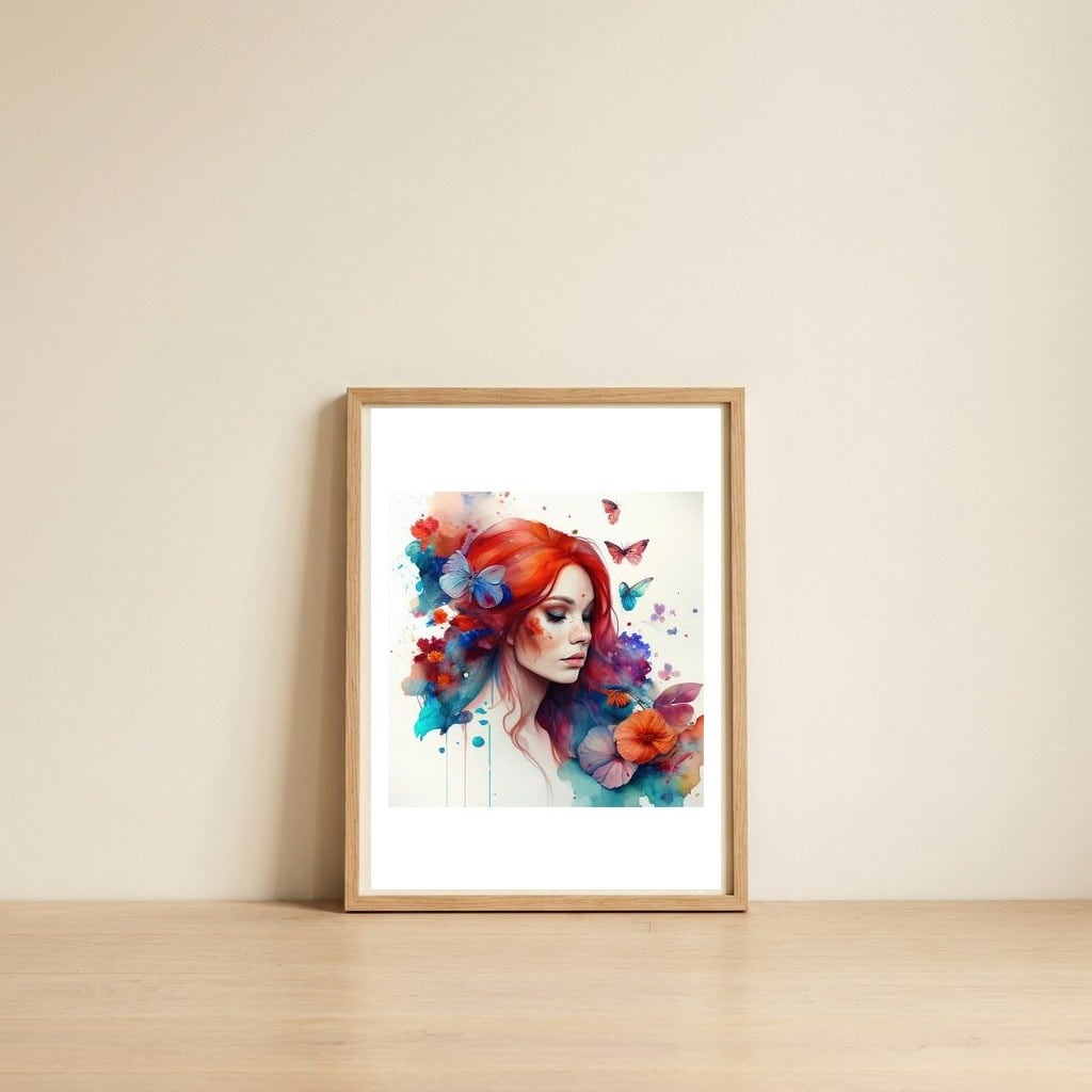 red-hair-petal-reverie — framed, leaning against the wall