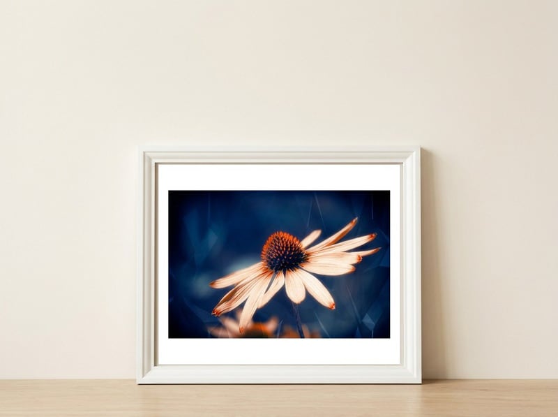 Flowers Indigo — framed, leaning against the wall