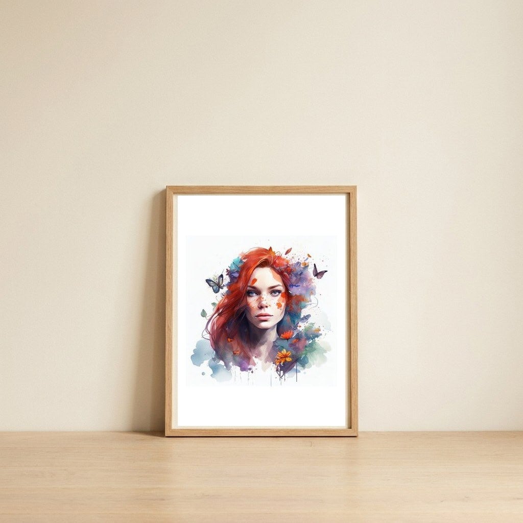 red-hair-floral-gaze — framed, leaning against the wall