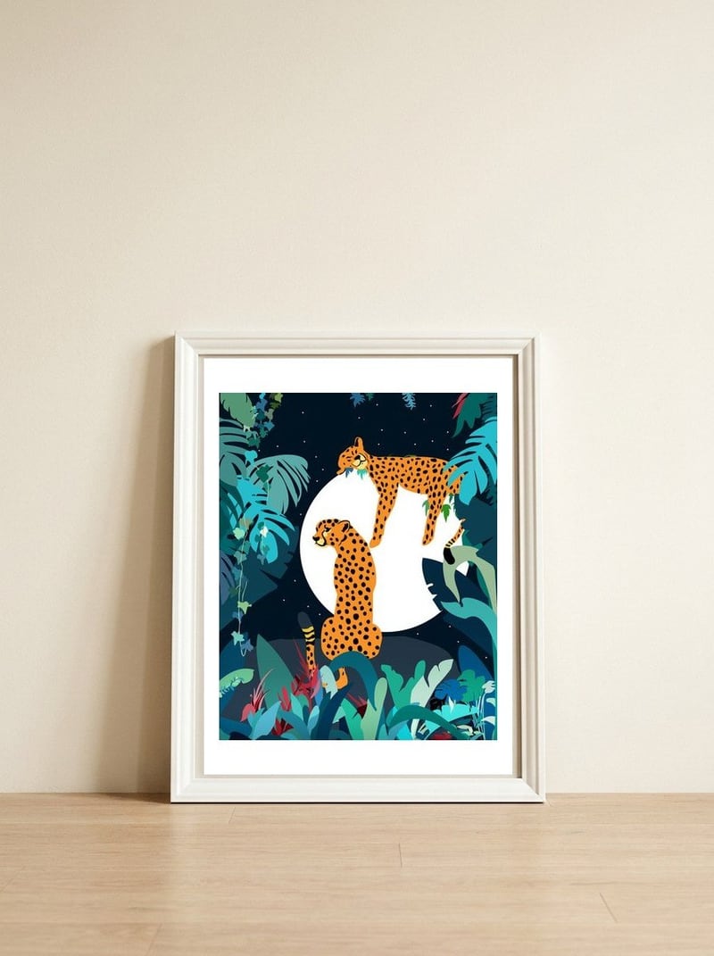 Over The Moon, Leopard In Love, Jungle Wildlife Tropical Tiger Botanical, Nature Cat Dark Animals — framed, leaning against the wall