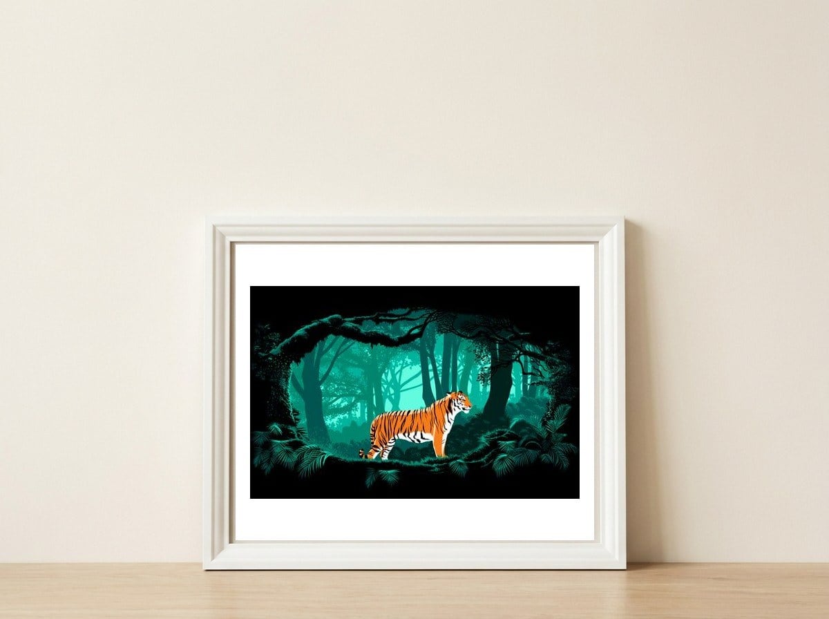 Jungle Tiger — framed, leaning against the wall