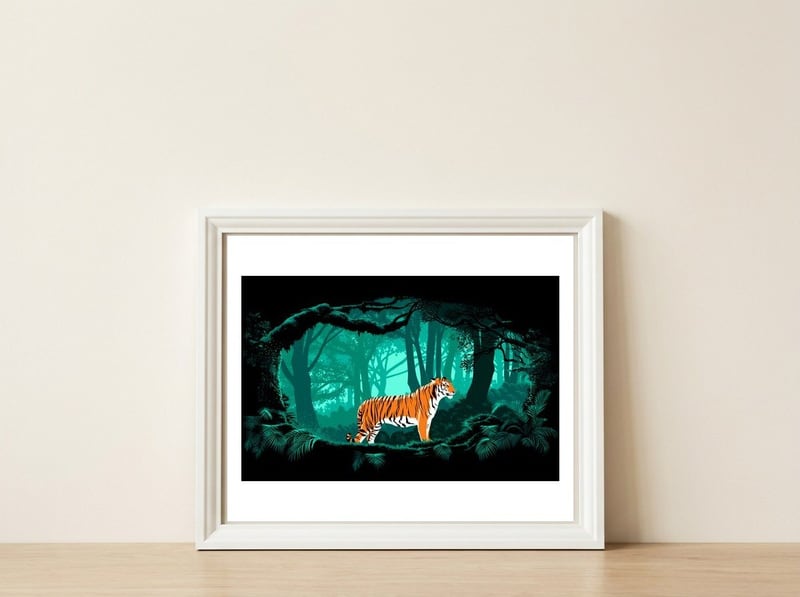 Jungle Tiger — framed, leaning against the wall