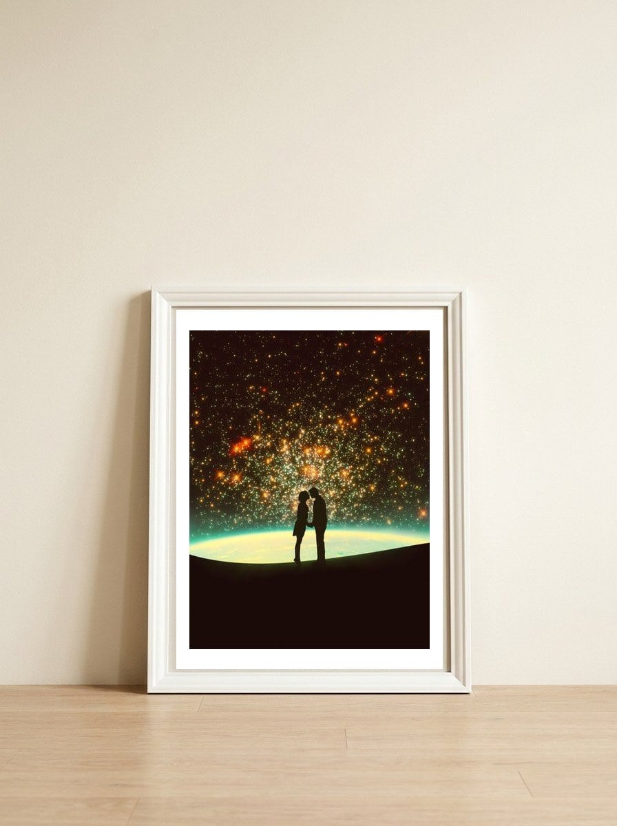 A Cosmic Kiss — framed, leaning against the wall