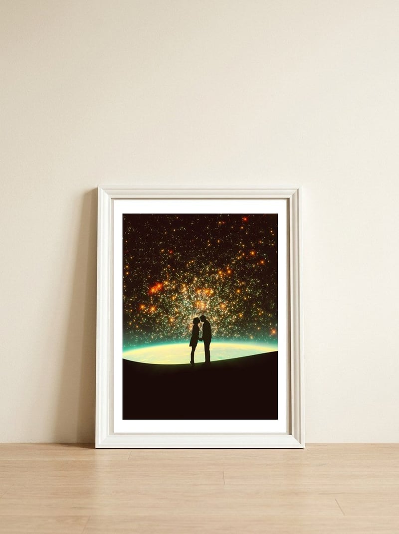 A Cosmic Kiss — framed, leaning against the wall