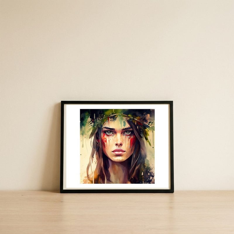 crimson-druid-warrior-woman-portrait — framed, leaning against the wall