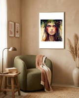 crimson-druid-warrior-woman-portrait framed in a tender room thumbnail