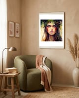 crimson-druid-warrior-woman-portrait framed in a tender room thumbnail