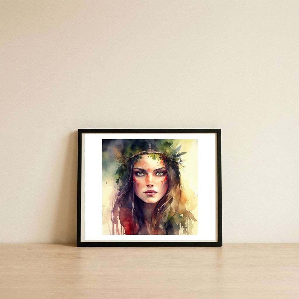forest-druid-warrior-portrait — framed, leaning against the wall