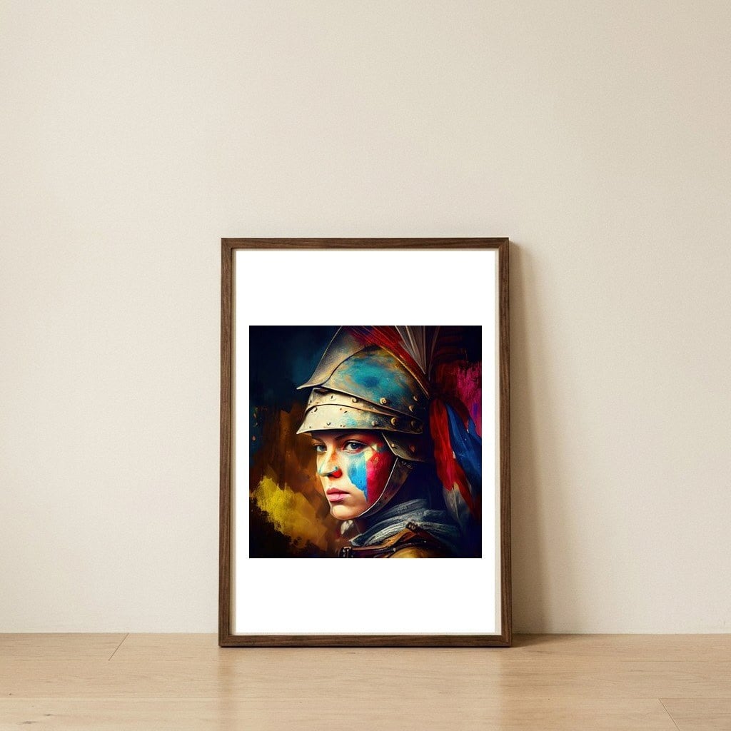 azure-helmet-warrior-portrait — framed, leaning against the wall